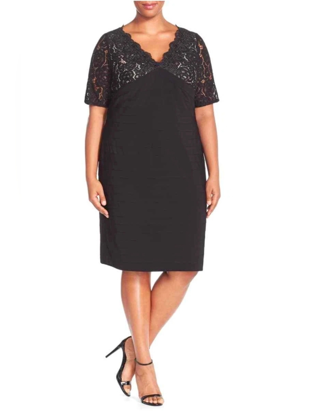 💙 105. Adrianna Papell Size 18W Black And Beige Lace Cocktail Dress